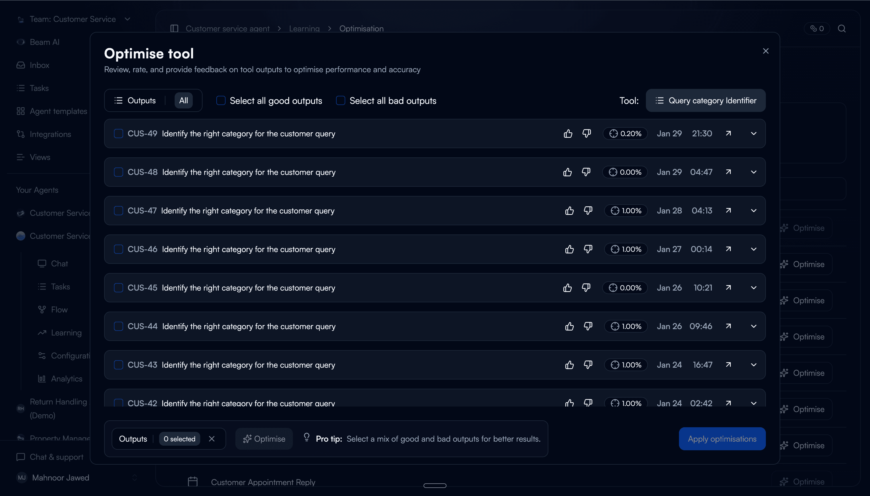 Tool Tuner interface, key screen